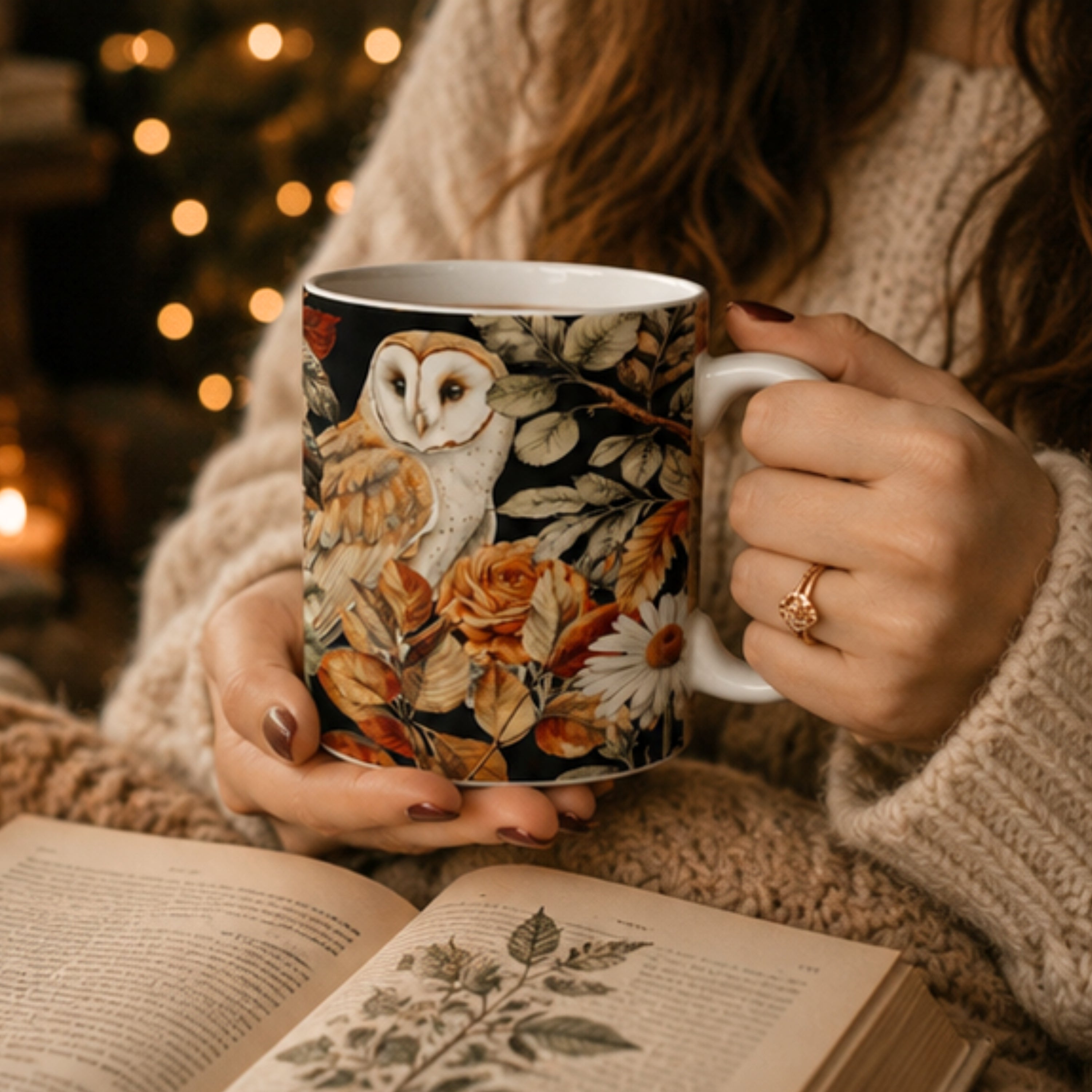 Person holding a mug with an owl design, surrounded by warm lighting and a book.