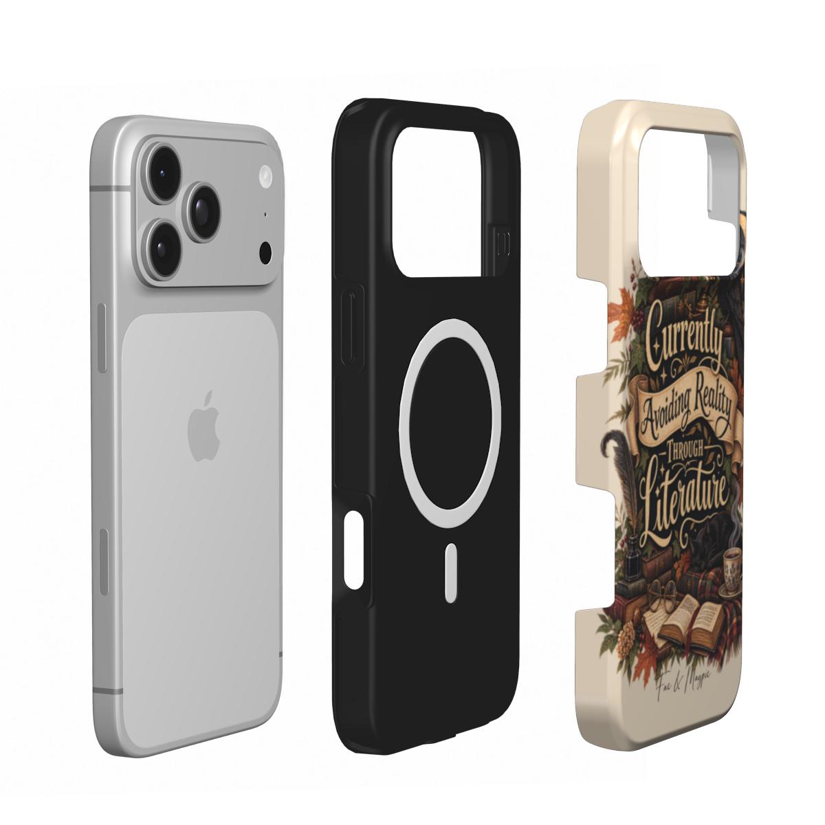 Three protective phone cases shown side by side on a white background: a silver case on a gray smartphone, a black case with a circular MagSafe ring, and a cream-colored case with an autumn-themed book cover design featuring the text 'Currently Reading: Finding Reality Through Literature'.
