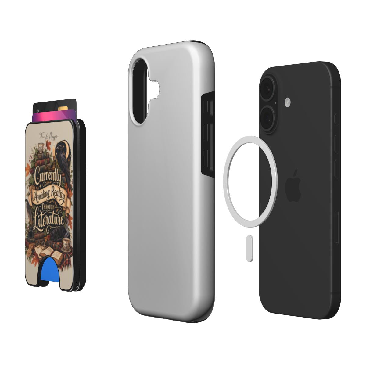 A silver slim phone case shown with an iPhone, alongside a black wallet-style phone case with a decorative autumn-themed print and a white MagSafe ring, on a clean white background.
