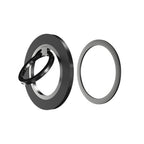 Two metallic rings, one black and one silver, on a white background