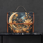 Fae & Magpie Celestial Dreams satchel handbag with starry celestial pattern, brown leather accents, and adjustable shoulder strap.