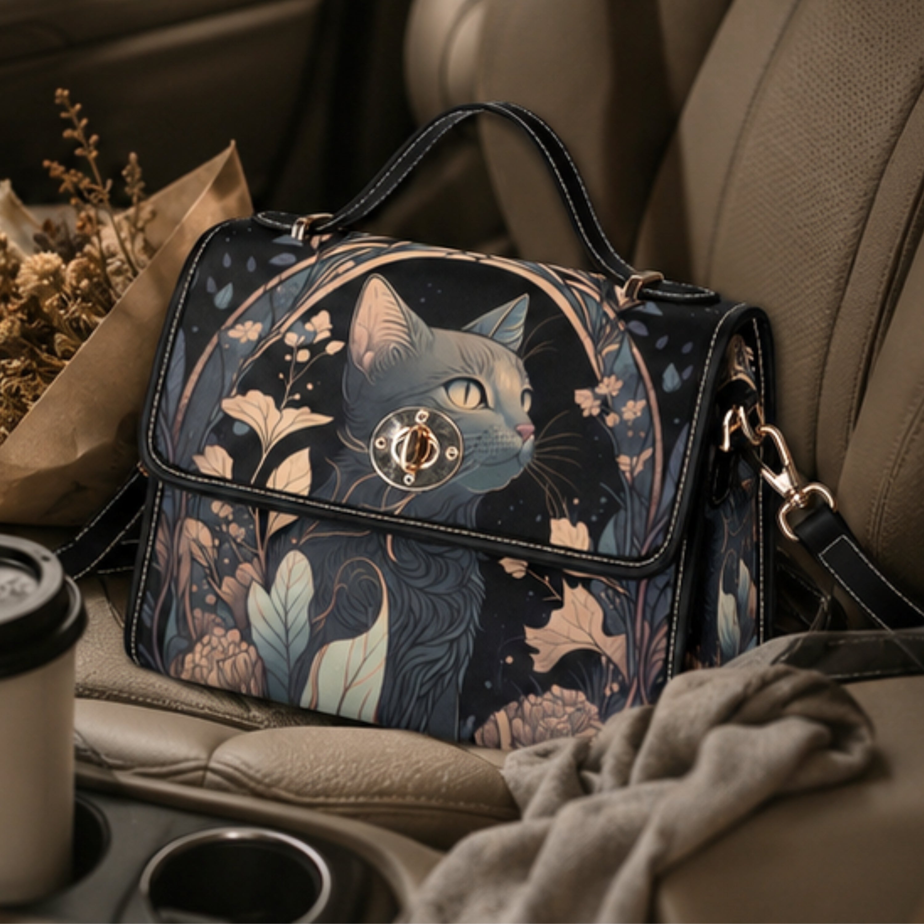 Handbag with cat design on a car seat
