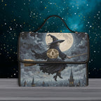 Handbag with witch design against a night sky with moon and stars