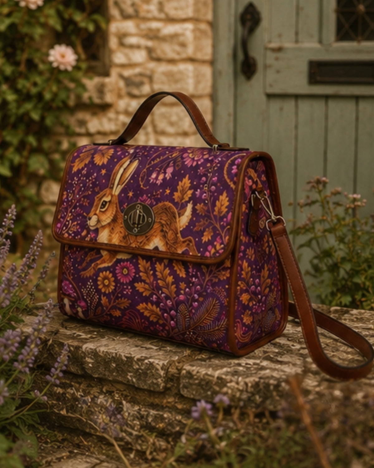 A purple fabric shoulder bag with a brown leather handle and strap, decorated with a detailed illustration of a rabbit and floral motifs, set on a stone ledge in front of a rustic green door.