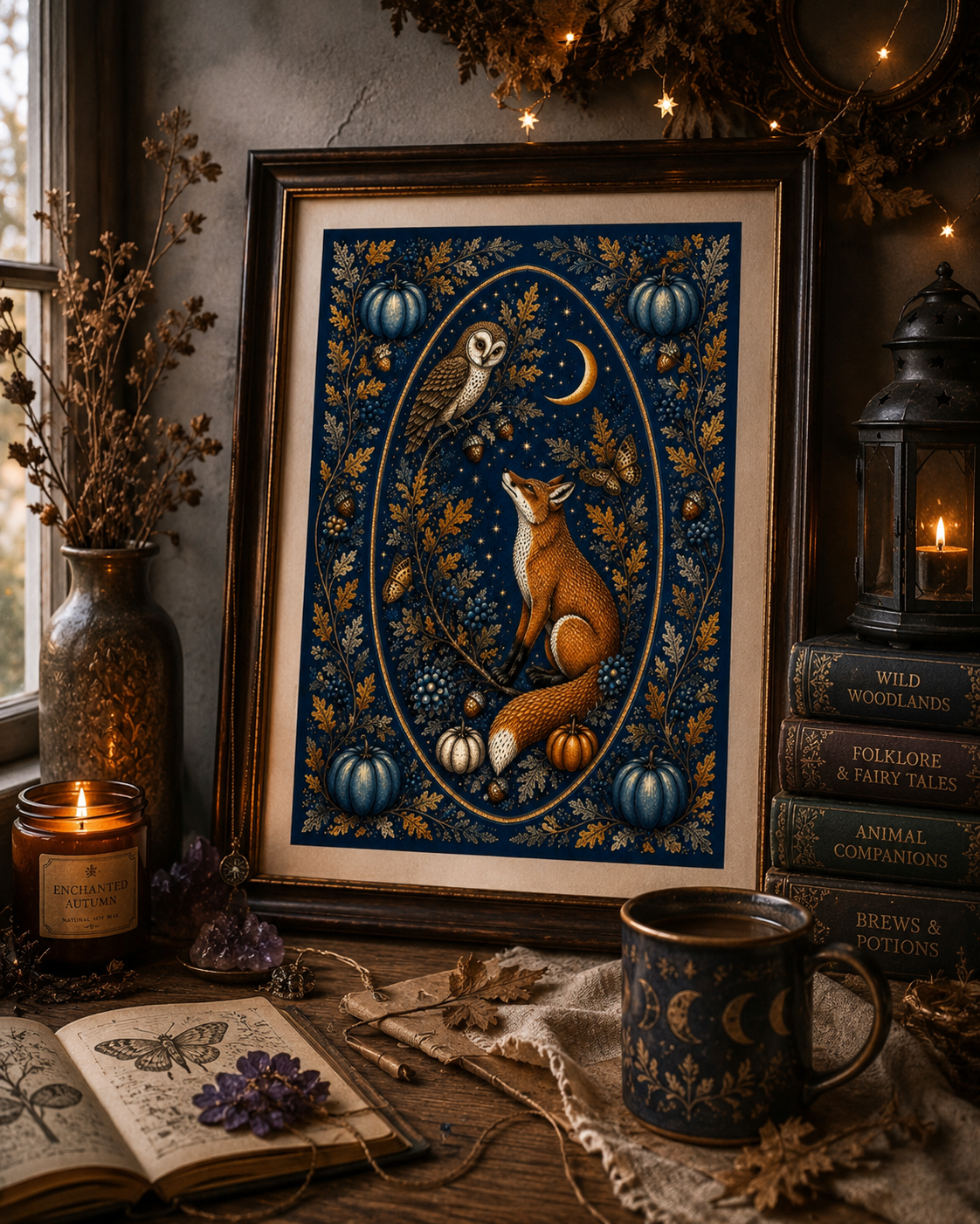 A framed art print featuring a whimsical illustration of a fox, owl, moon, and pumpkins in a dark blue and gold palette, styled on a rustic wooden table with candles, books, and dried flowers.