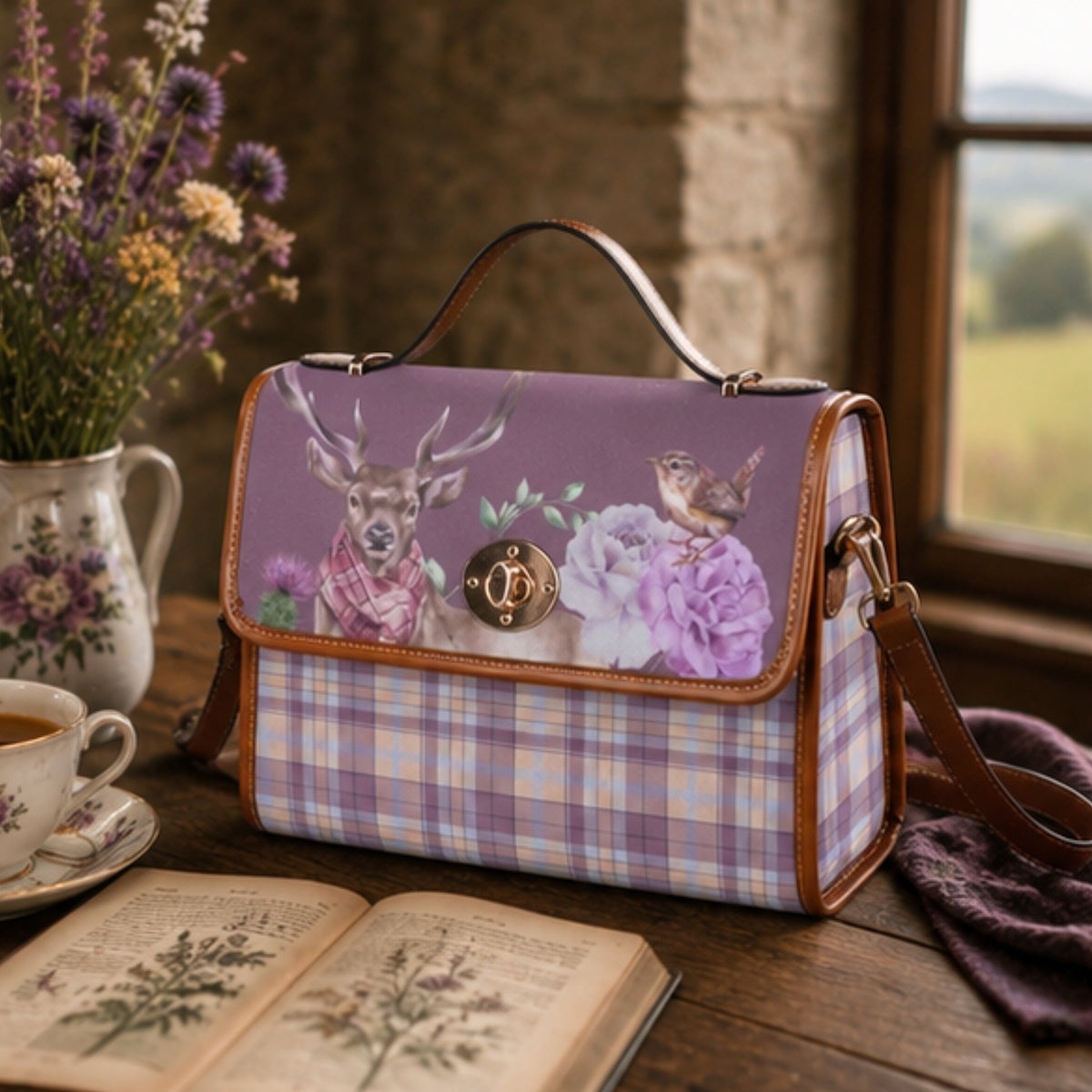 A purple handbag with a deer and floral print on the flap, a lavender plaid body, and brown leather trim, styled on a wooden table with an open book, a teacup, and dried flowers in a rustic indoor setting.