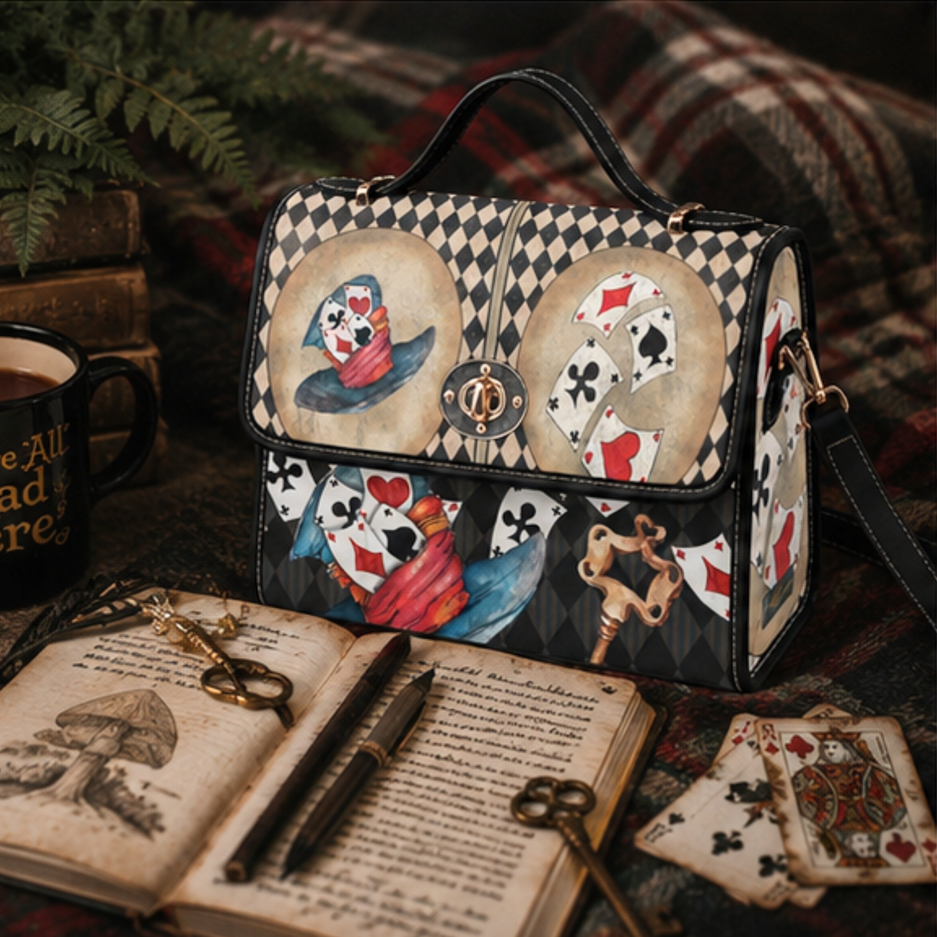 Handbag with playing card design on a table with an open book and cards