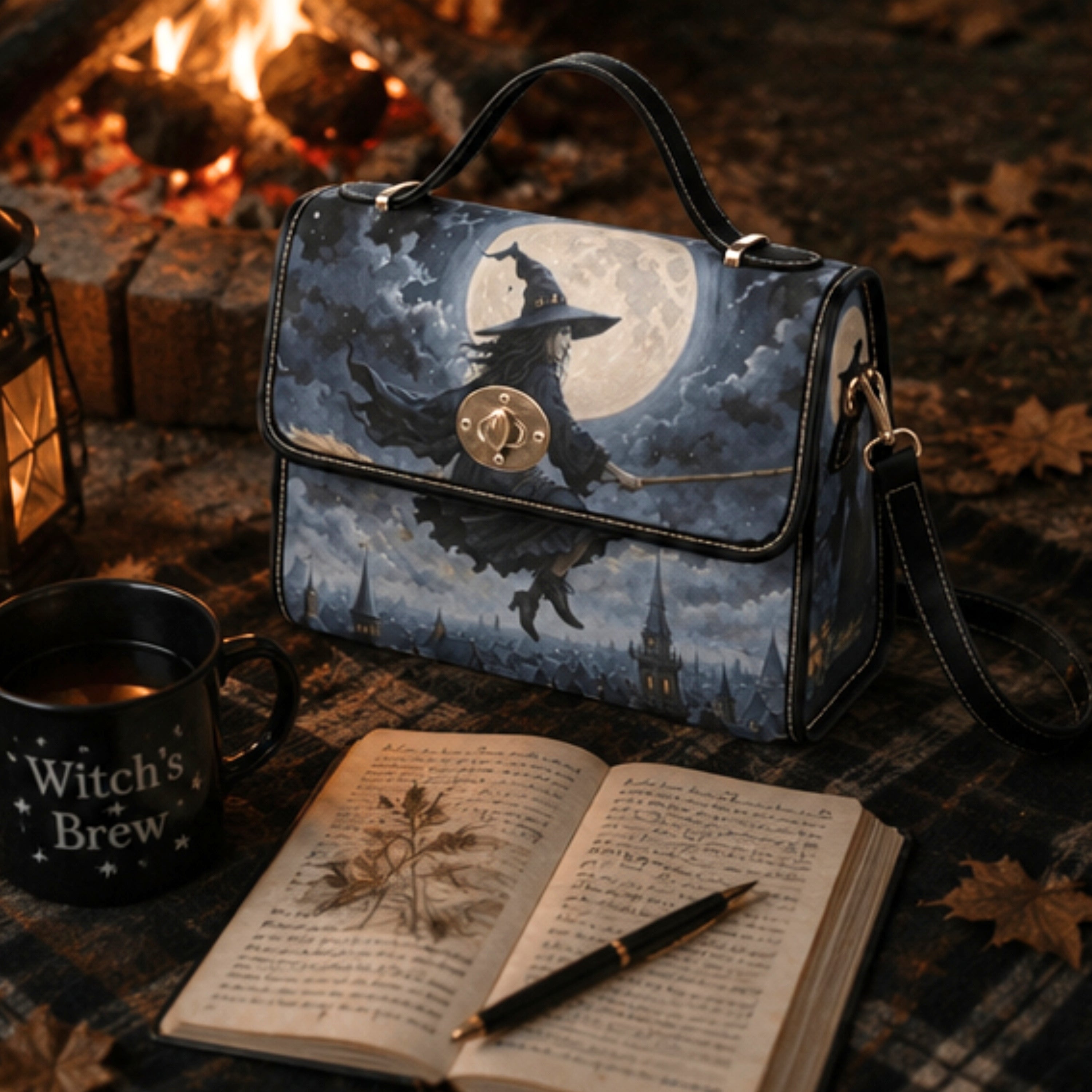 A witch-themed handbag with a printed illustration of a witch riding a broomstick under a full moon, styled on a plaid blanket next to a mug, an open book, and a pen in a cozy campfire setting.