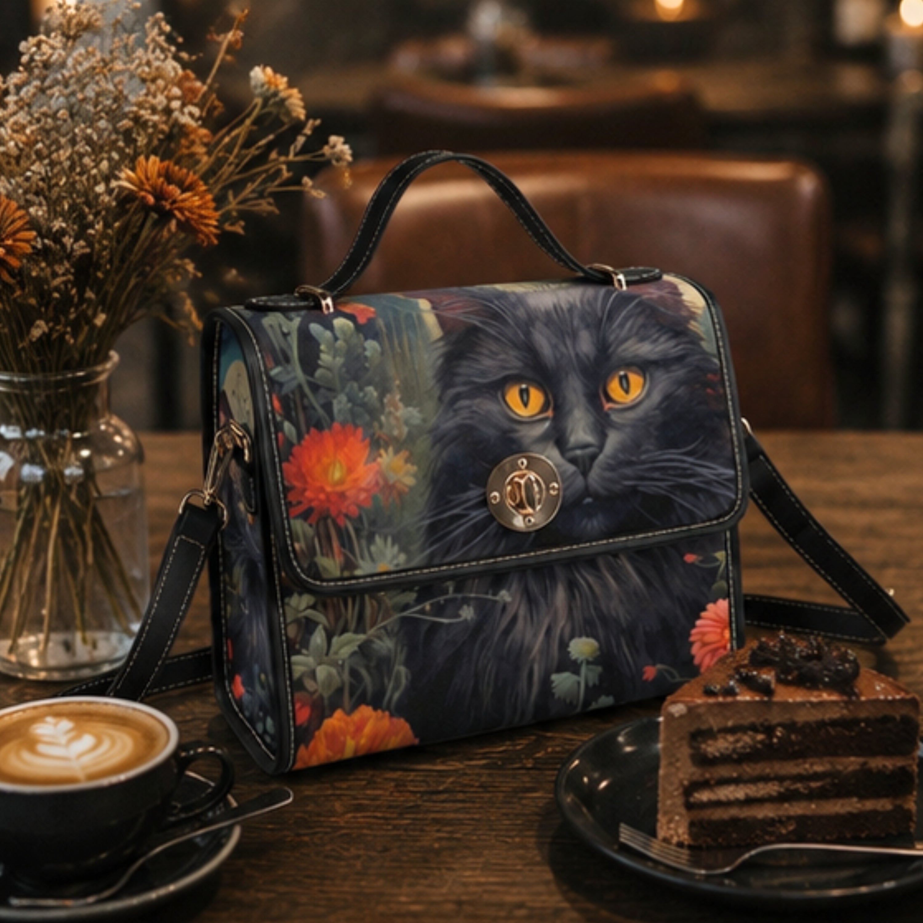 A structured handbag with a printed design of a black cat with yellow eyes and orange flowers, displayed on a wooden table next to a coffee cup, a slice of chocolate cake, and dried flowers in a vase.