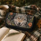 Floral-patterned pouch with a wolf design on a plaid blanket with a cup of coffee and open book.