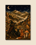 A vertical art print depicting a whimsical autumn night scene with a witch, a black cat, and a fox in a forest with mushrooms, mountains, and a starry sky, shown against a light beige background.