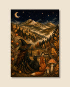 A vertical art print depicting a whimsical autumn night scene with a witch, a black cat, and a fox in a forest with mushrooms, mountains, and a starry sky, shown against a light beige background.