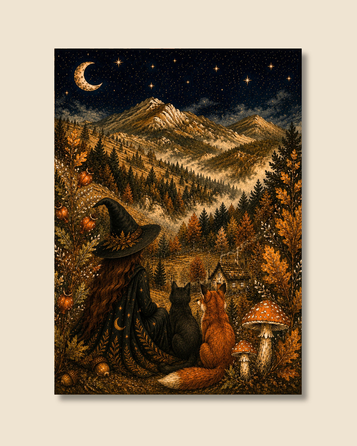 A vertical art print depicting a whimsical autumn night scene with a witch, a black cat, and a fox in a forest with mushrooms, mountains, and a starry sky, shown against a light beige background.