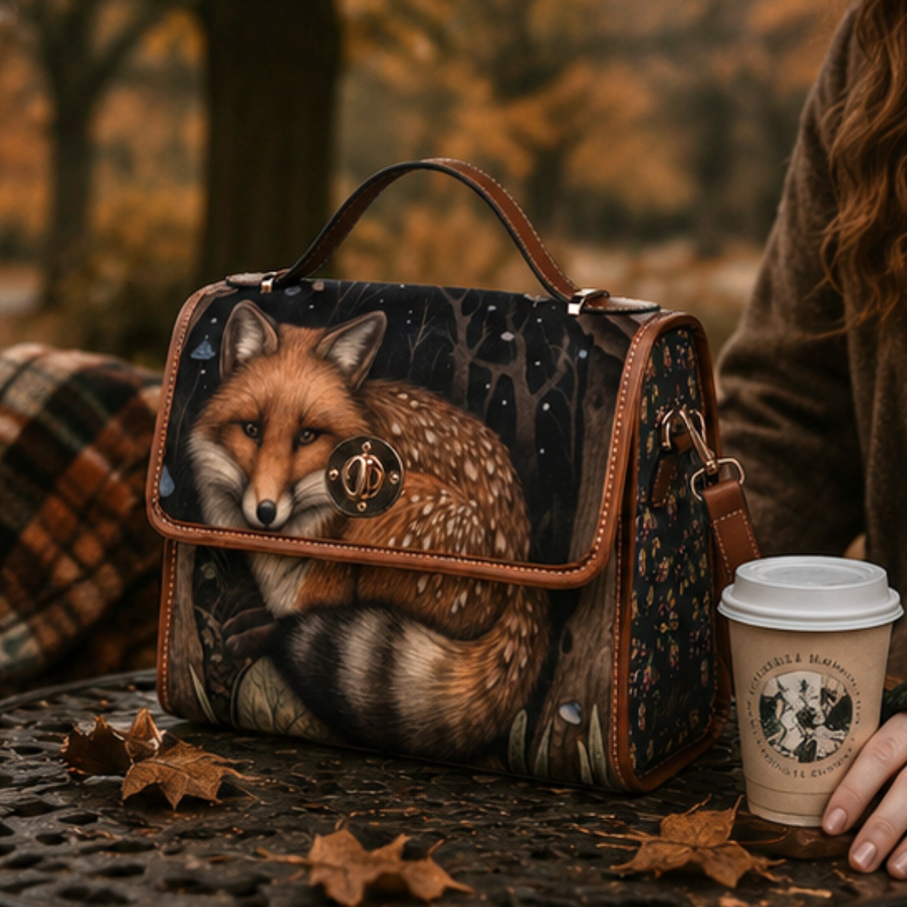 A handbag with a printed fox illustration and brown leather trim, styled outdoors next to a coffee cup on a wooden table with autumn leaves and trees in the background.