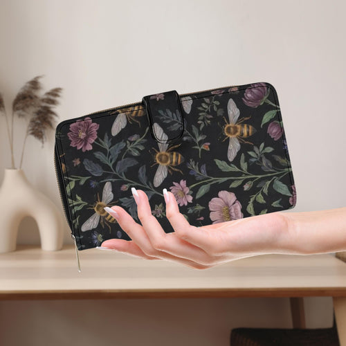 Fae & Magpie Bees Purse in yellow with bee embroidery, compact accessories wallet with floral details and gold clasp.