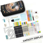 Collection of stationery items including markers, pens, and a pouch with a fox design on a white background.