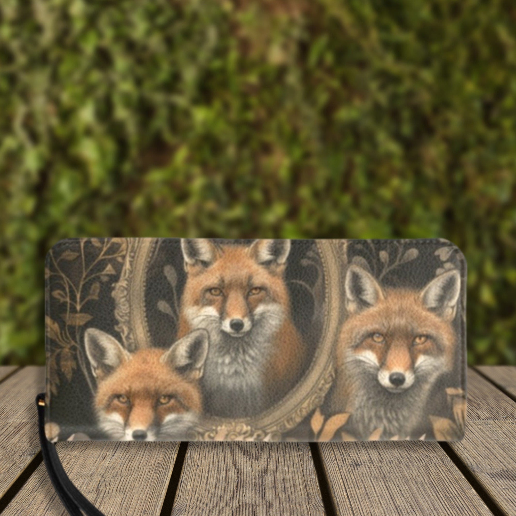 Wristlet with fox design on a wooden surface with greenery in the background