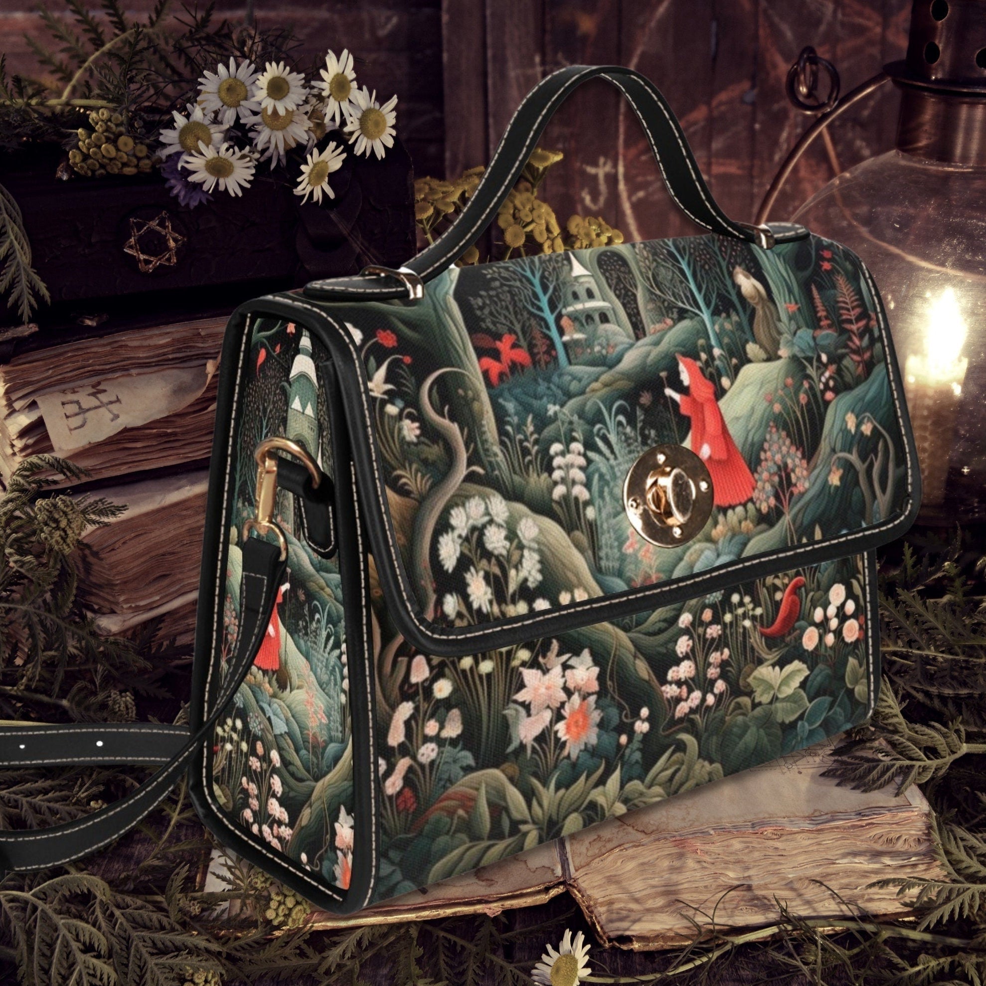 Decorative handbag with intricate designs on a dark background with books and plants.