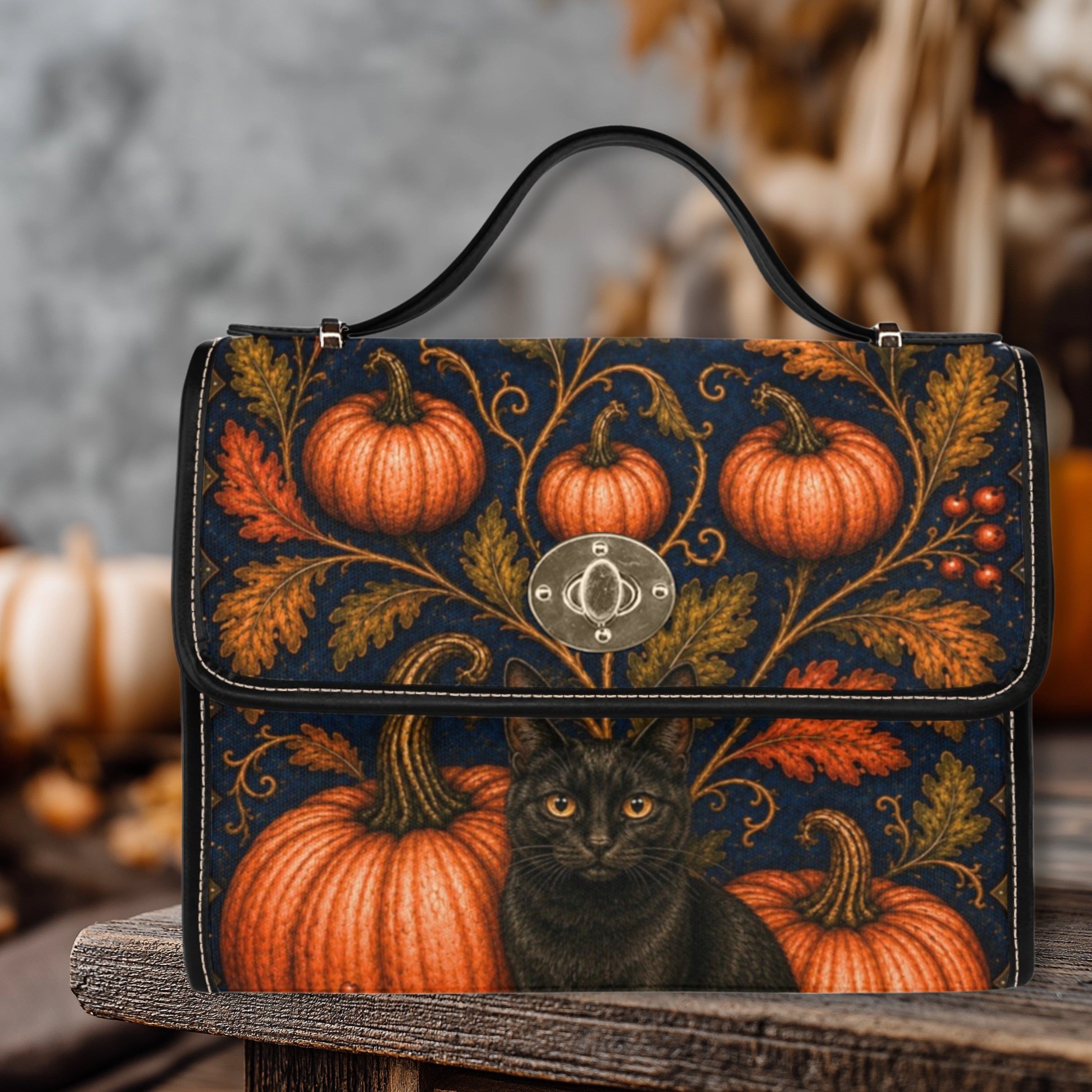 A structured handbag with a black handle, featuring a dark navy blue background printed with orange pumpkins, autumn leaves, berries, and a black cat. The bag has a silver-tone metal clasp and is displayed on a rustic wooden surface with a blurred fall-themed background.