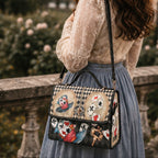 Person holding a decorative handbag with card-themed design outdoors.