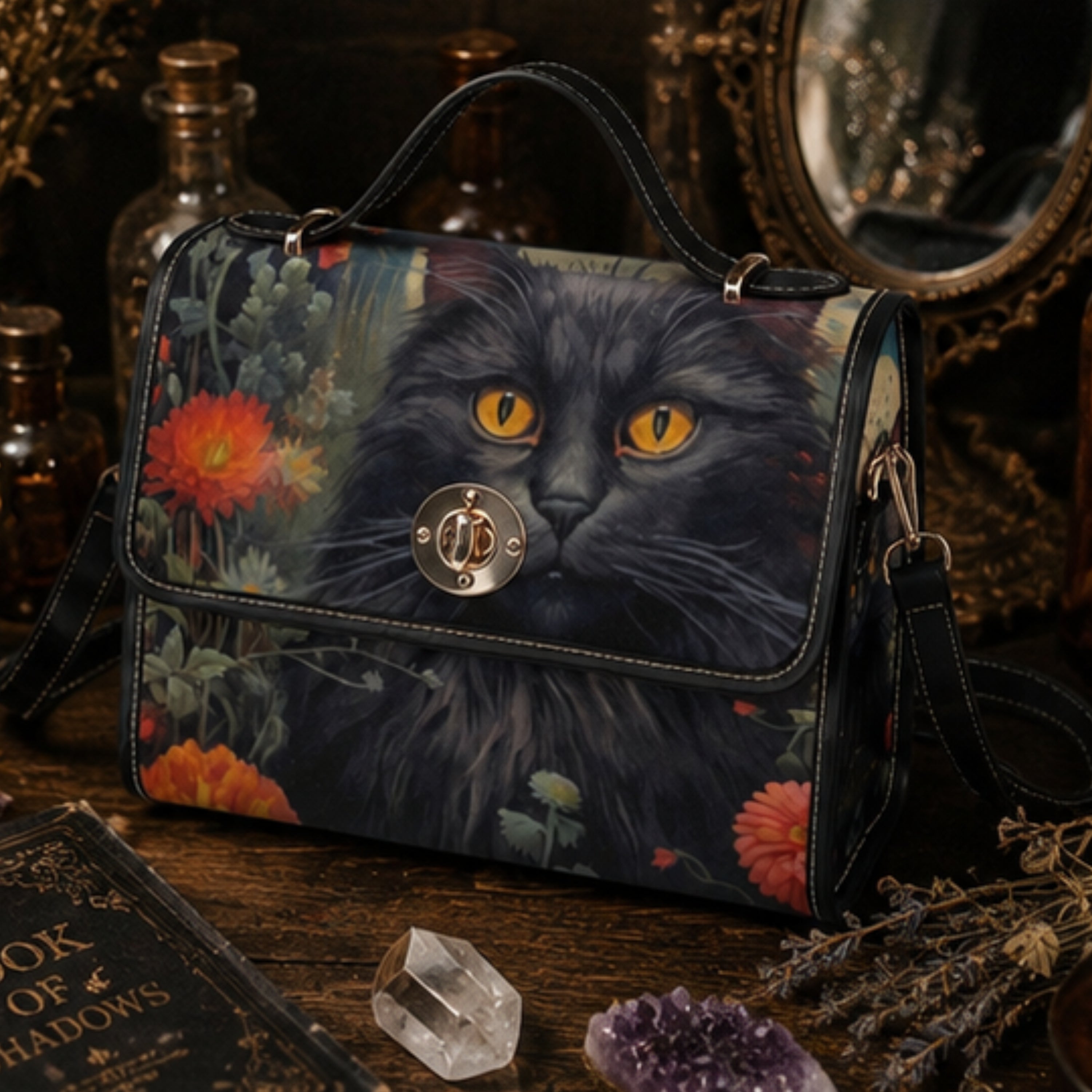 A dark cat print handbag with a black cat and orange flowers, styled on a wooden table with crystals and vintage props.