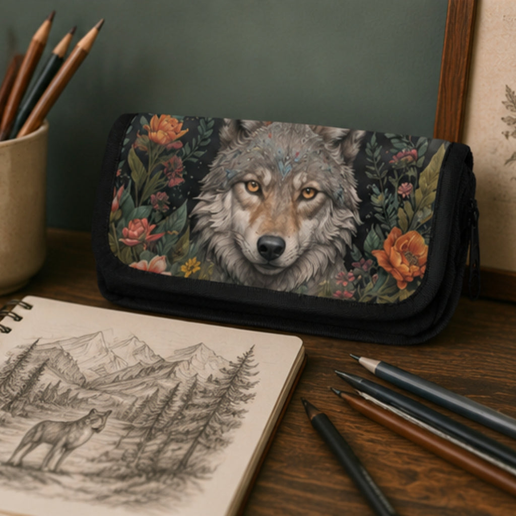 Pouch with wolf design on a desk with pencils and a sketchbook