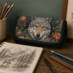 Pouch with wolf design on a desk with pencils and a sketchbook