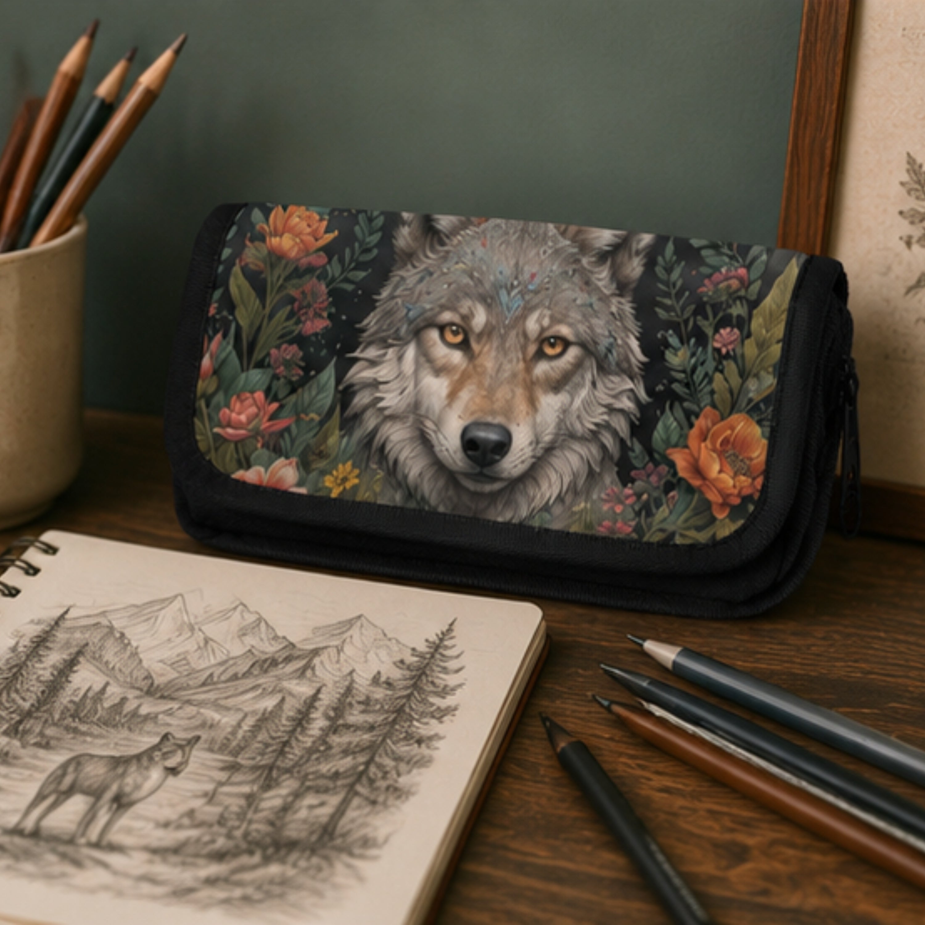 Pouch with wolf design on a desk with pencils and a sketchbook
