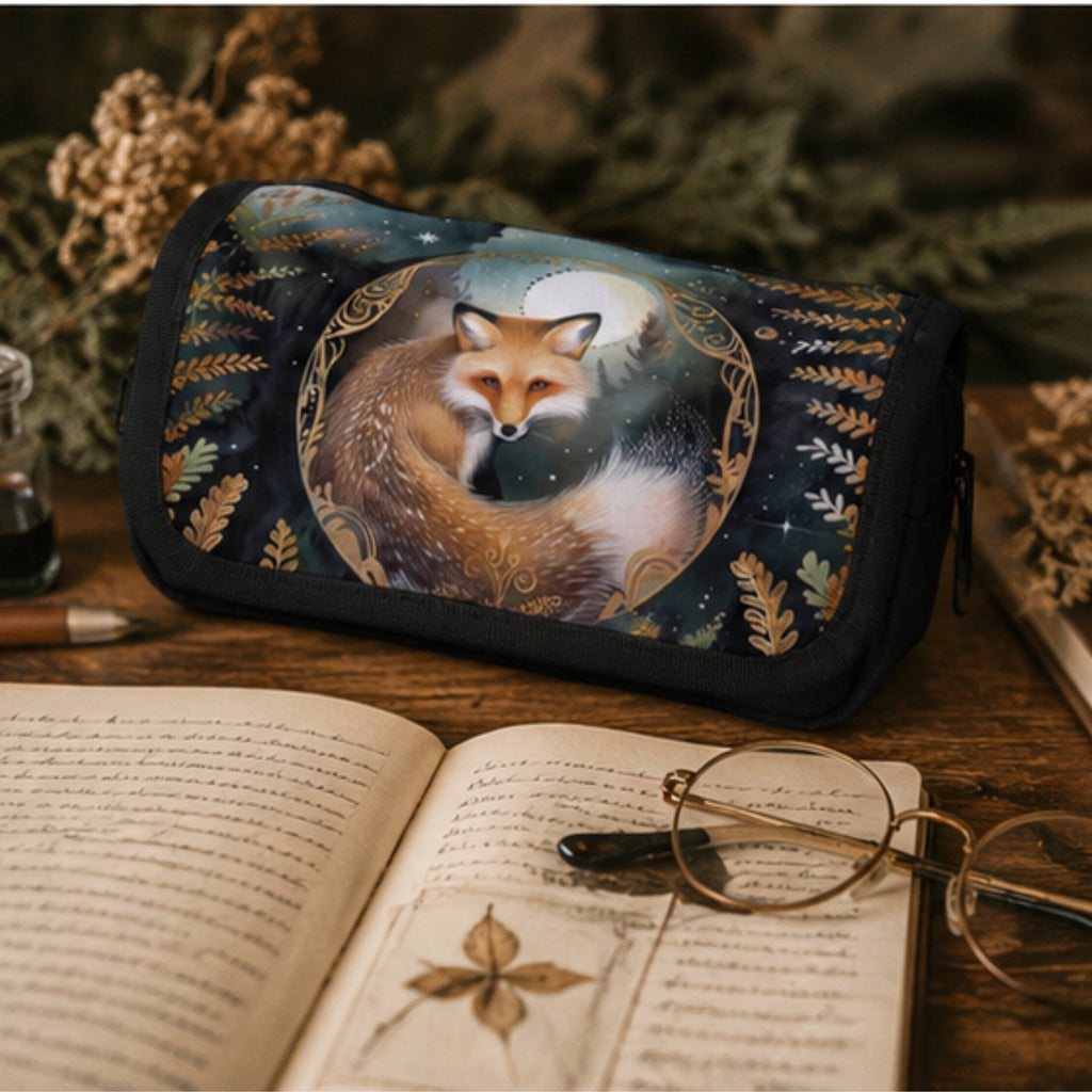 Decorative pouch with fox design on a wooden surface with an open book and glasses.
