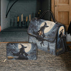 Halloween-themed handbag and wallet with witch design on a rustic background