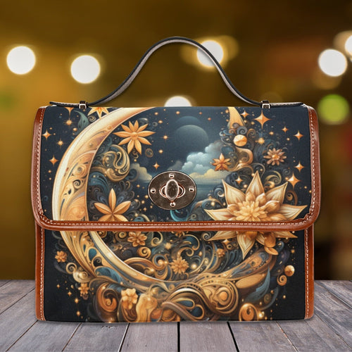 Fae & Magpie Celestial Dreams satchel handbag with starry night design, leather material, and adjustable strap, stylish and elegant.