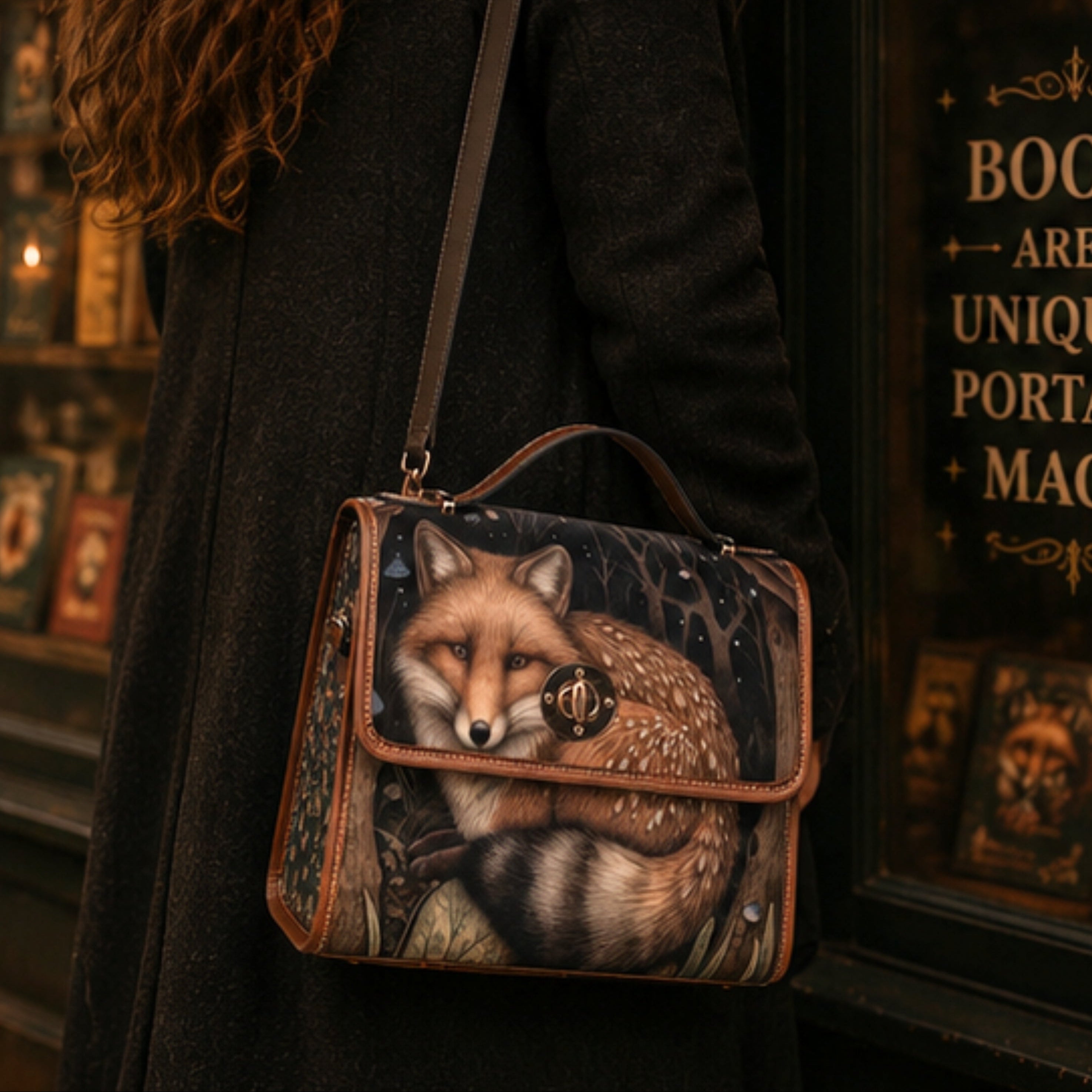 A person in a black coat carries a square shoulder bag with a detailed printed design of a fox curled up in a forest. The bag has brown leather trim and a small hanging charm, photographed in a cozy, dark-themed shop setting.