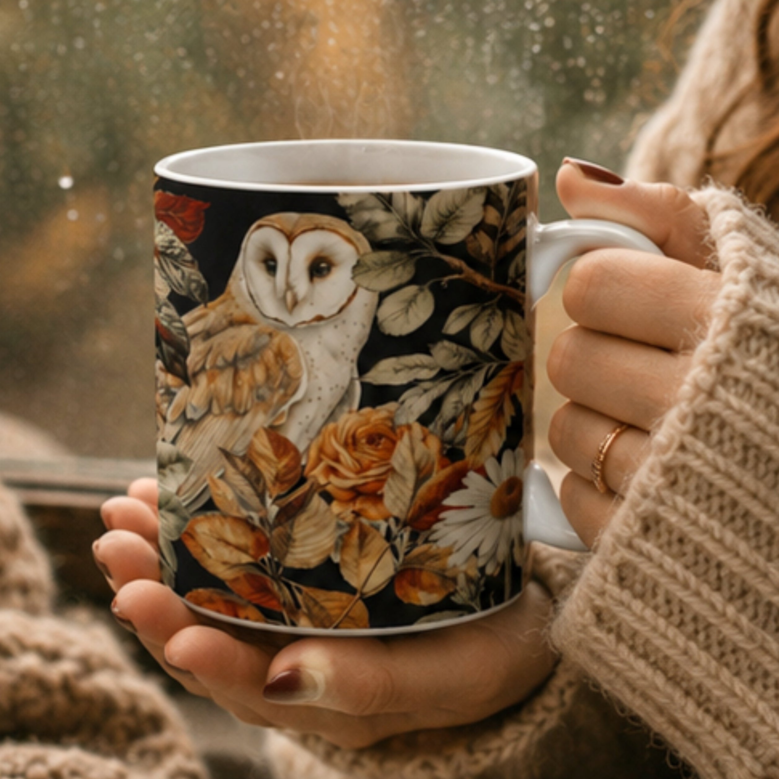 Person holding a mug with an owl design by a window on a rainy day
