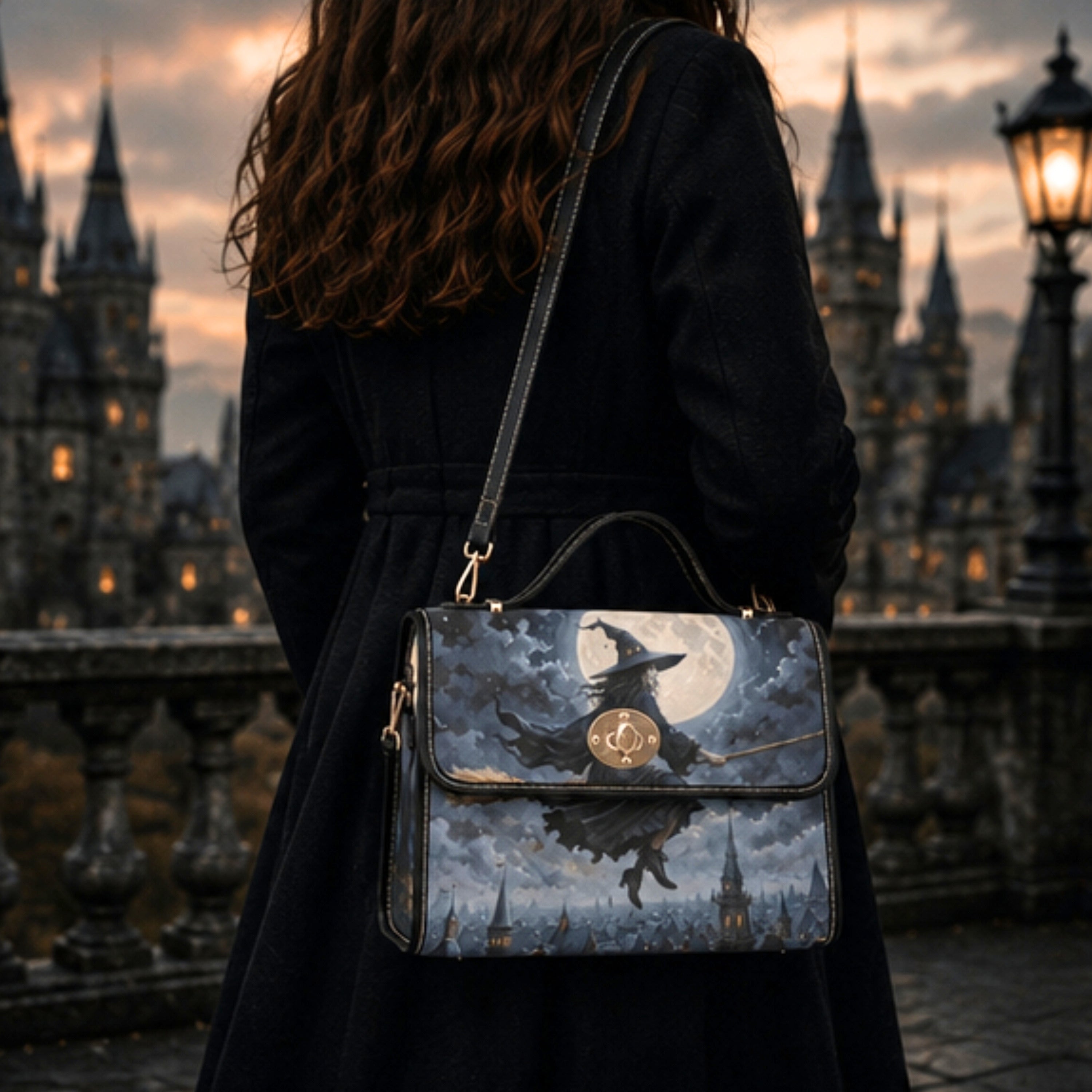 A woman in a black coat stands with her back to the camera, carrying a structured handbag with a witch riding a broomstick illustration on the front flap, set against a blurred castle and streetlamp background.