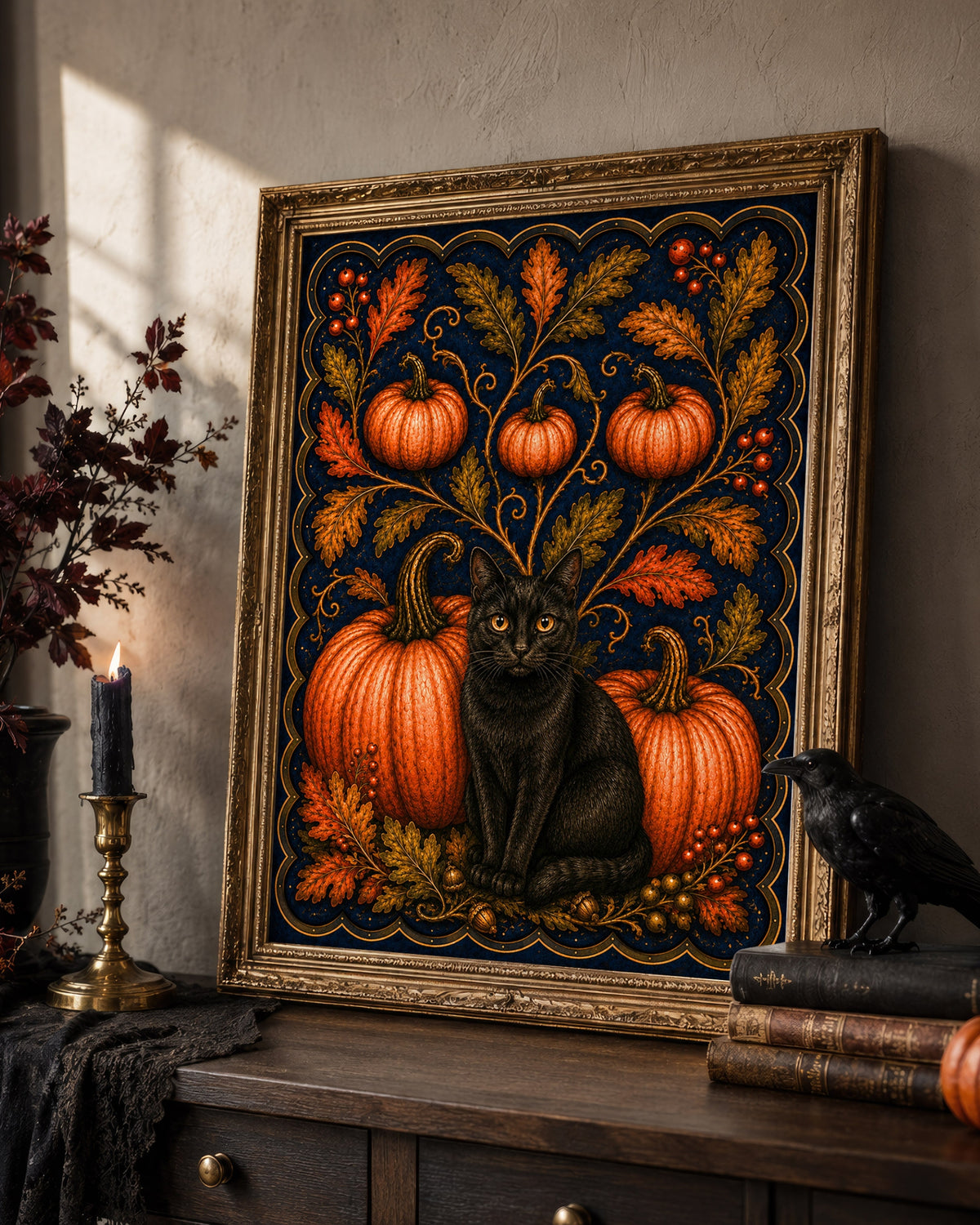 Black Cat & Pumpkins Art Print