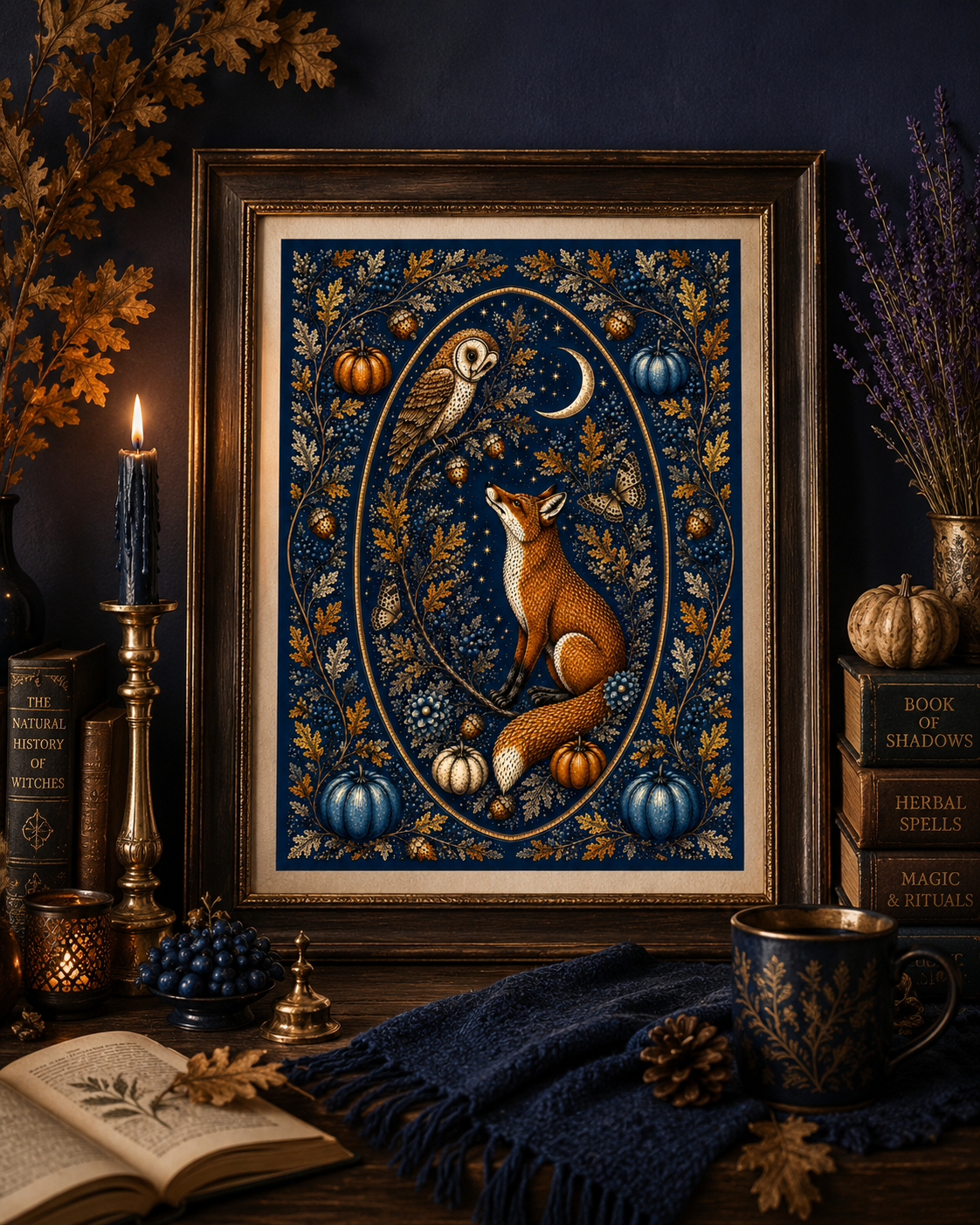 A framed art print featuring an owl and fox illustration in a dark blue and gold color scheme, styled on a rustic wooden table with candles, books, and a cozy mug.