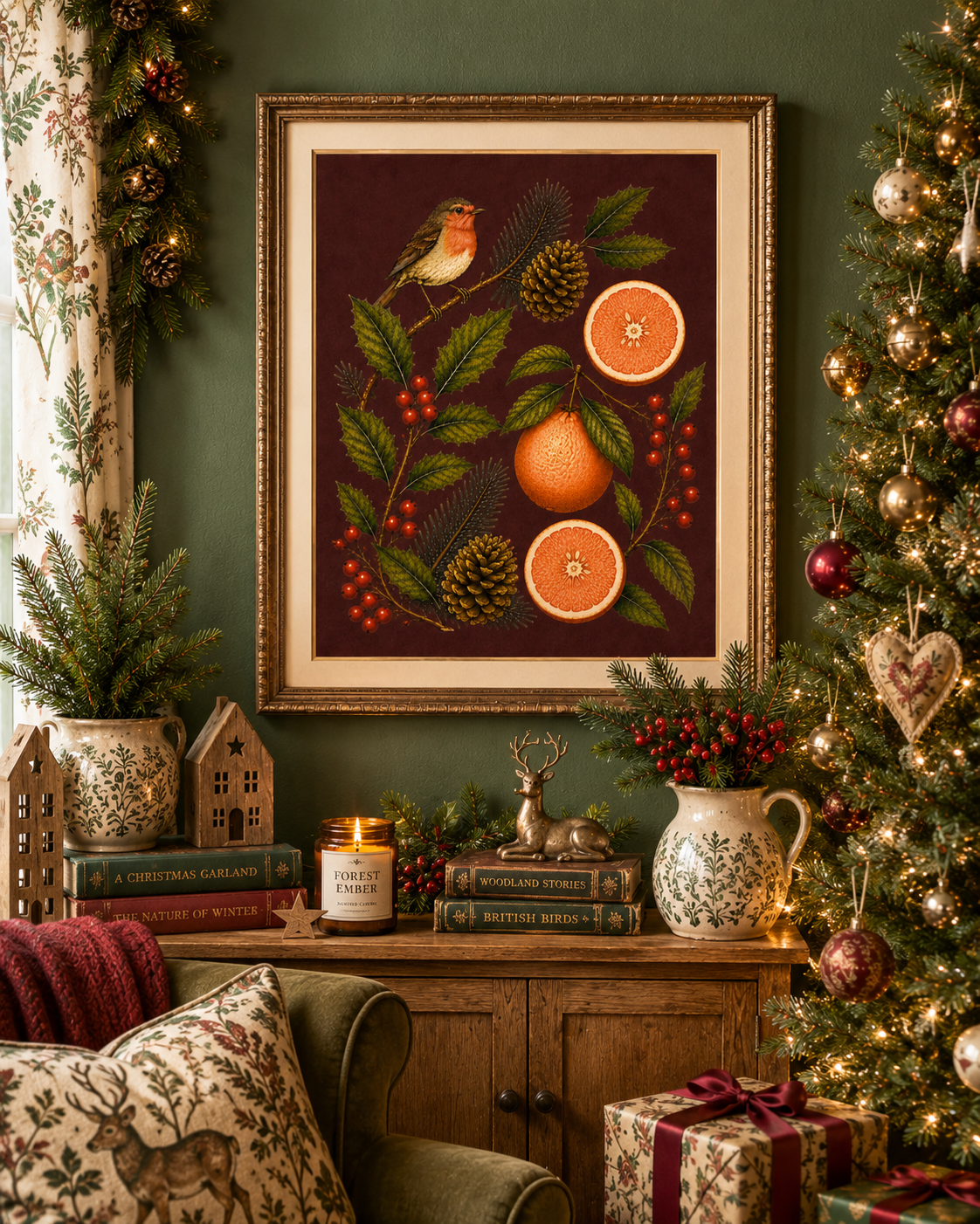 Christmas Robin & Oranges Art Print