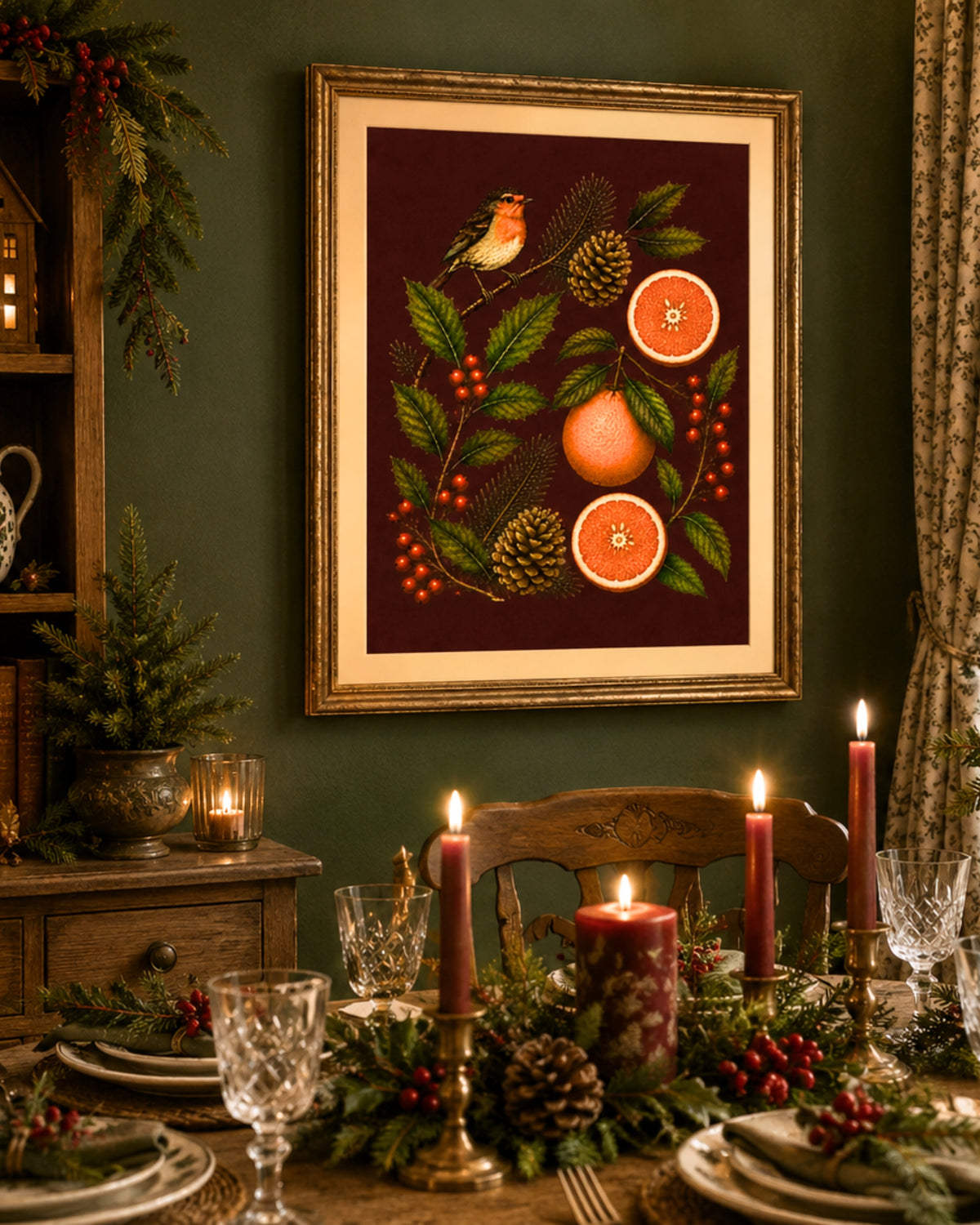 Christmas Robin & Oranges Art Print
