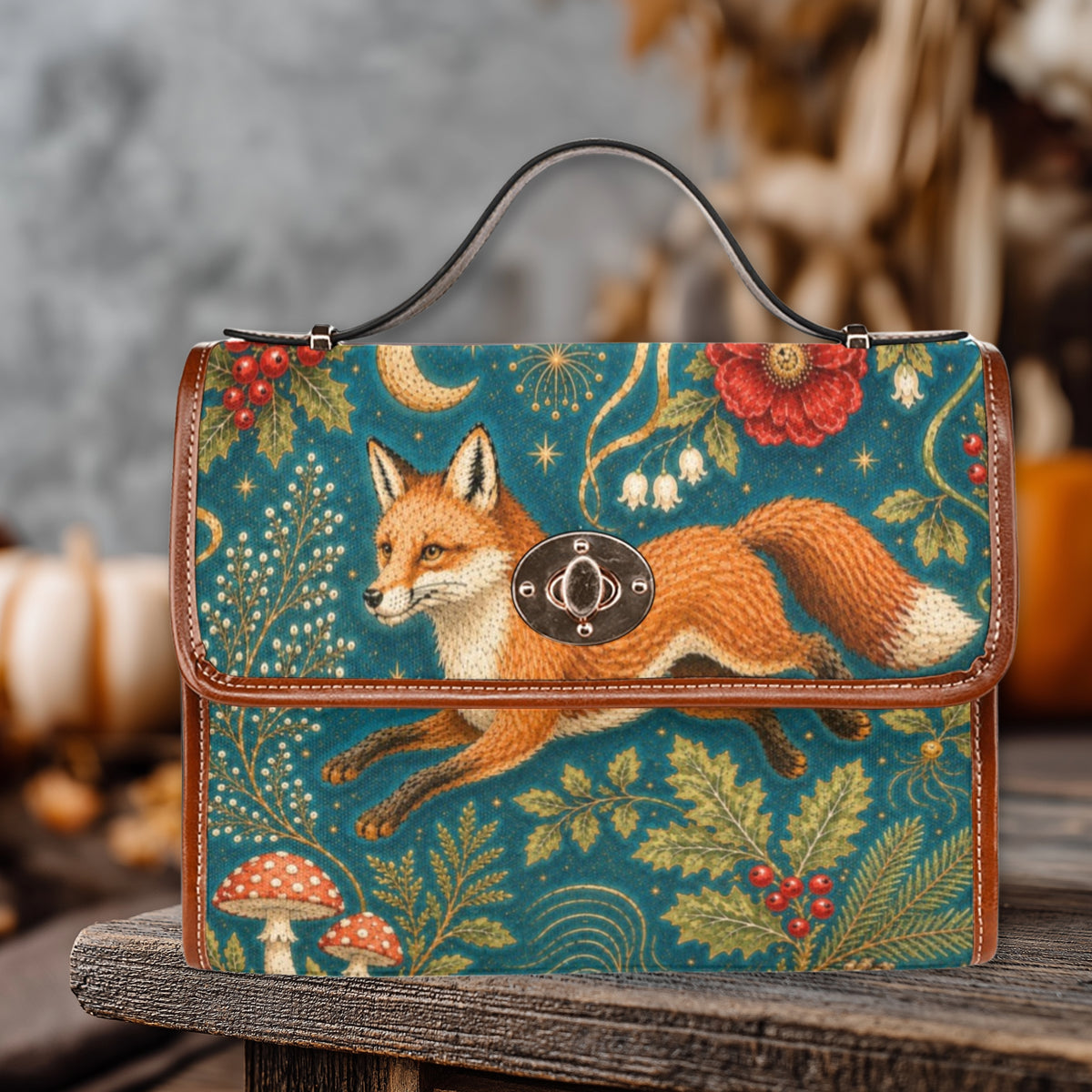 A structured handbag with a top handle, featuring a detailed woodland tapestry-style print of a fox, mushrooms, flowers, and foliage on a teal background, with brown leather trim and a round metal clasp, displayed on a rustic wooden surface.
