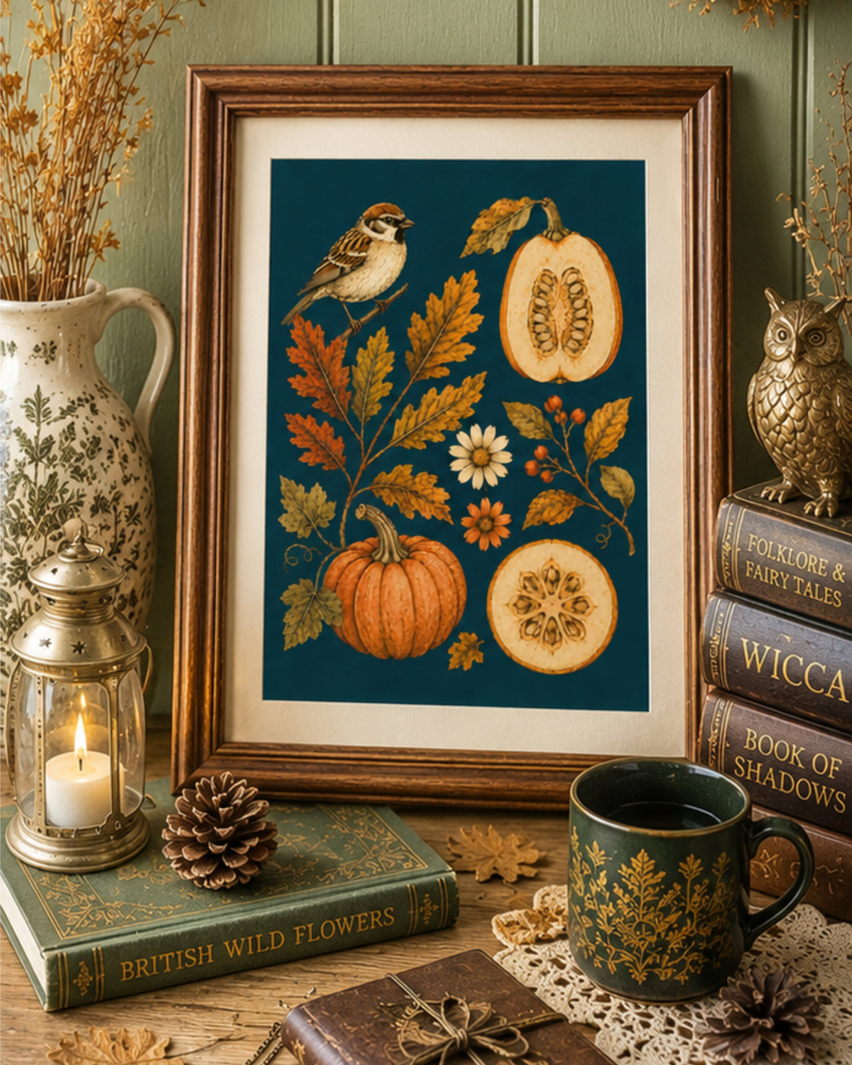 Sparrow and Pumpkins Art Print