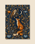 An art print featuring an autumn-themed illustration of a fox and owl under a crescent moon, set against a dark navy blue background with detailed oak leaves, pumpkins, and berries.
