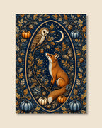 An art print featuring an autumn-themed illustration of a fox and owl under a crescent moon, set against a dark navy blue background with detailed oak leaves, pumpkins, and berries.