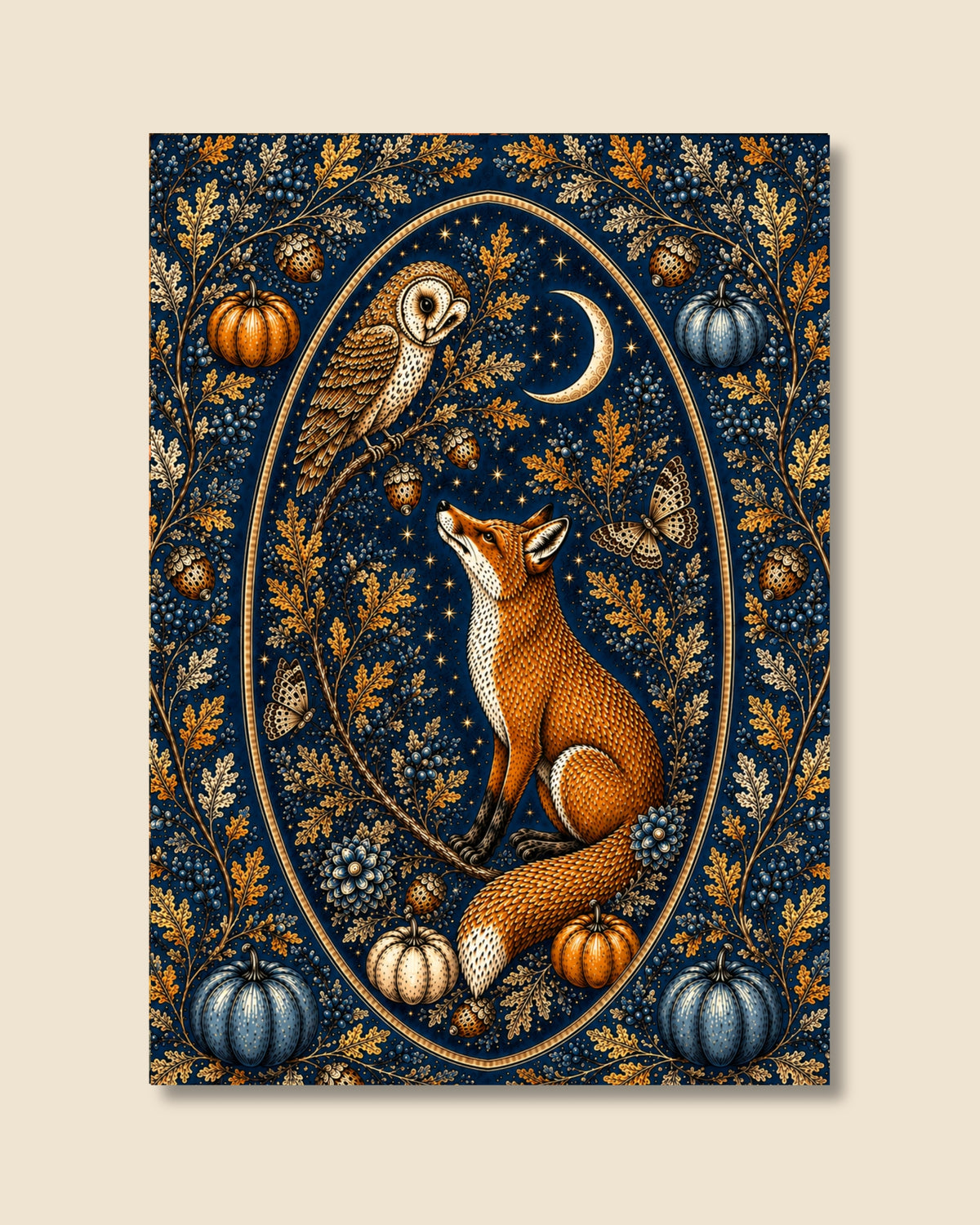 An art print featuring an autumn-themed illustration of a fox and owl under a crescent moon, set against a dark navy blue background with detailed oak leaves, pumpkins, and berries.