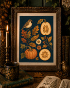 Sparrow and Pumpkins Art Print