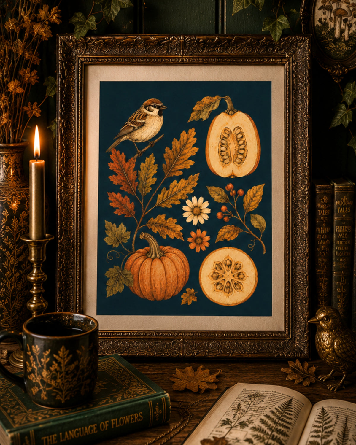Sparrow and Pumpkins Art Print