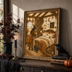 A framed gothic-style art print depicting a witch in a cottage bedroom with a black cat, styled on a dark wooden dresser next to a candle, books, a pumpkin, and a raven figurine.