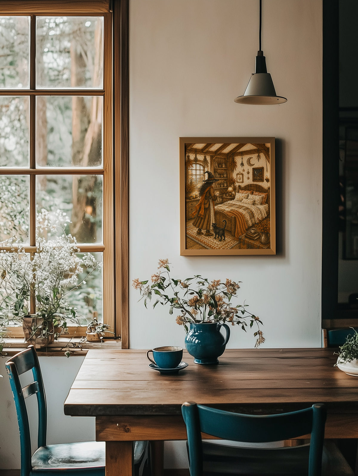 A framed vintage-style illustration print hangs on a light beige wall in a rustic dining room. The scene includes a wooden dining table, teal chairs, a blue ceramic pitcher and cup, and a window looking out onto trees.