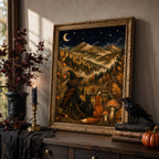 A framed art print depicting a witch, cat, fox, and crows in an autumn mountain landscape, styled on a dark wooden table next to a candle, books, and a small pumpkin.