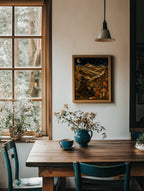 A framed art print depicting a mountain night scene with a crescent moon and a figure, hanging on a cream wall in a rustic dining room above a wooden table with teal chairs and a blue vase.