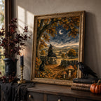 A framed gothic landscape painting leaning against a wall on a wooden console table, styled with a black candle, a potted plant, a decorative raven figurine, books, and a small pumpkin.